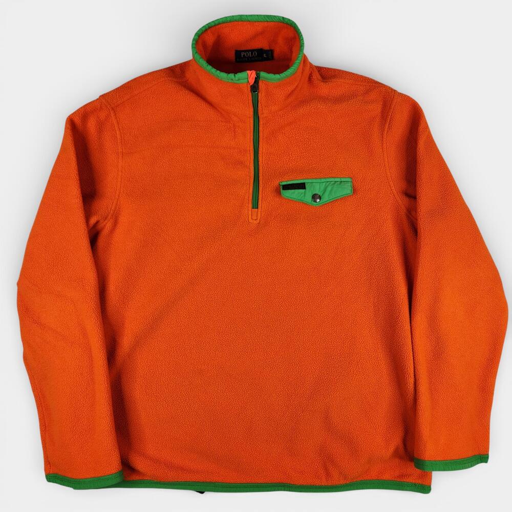 Polo Ralph Lauren Fleece Pullover Mens XL Orange 1/4 Zip Chest Pocket Green Trim